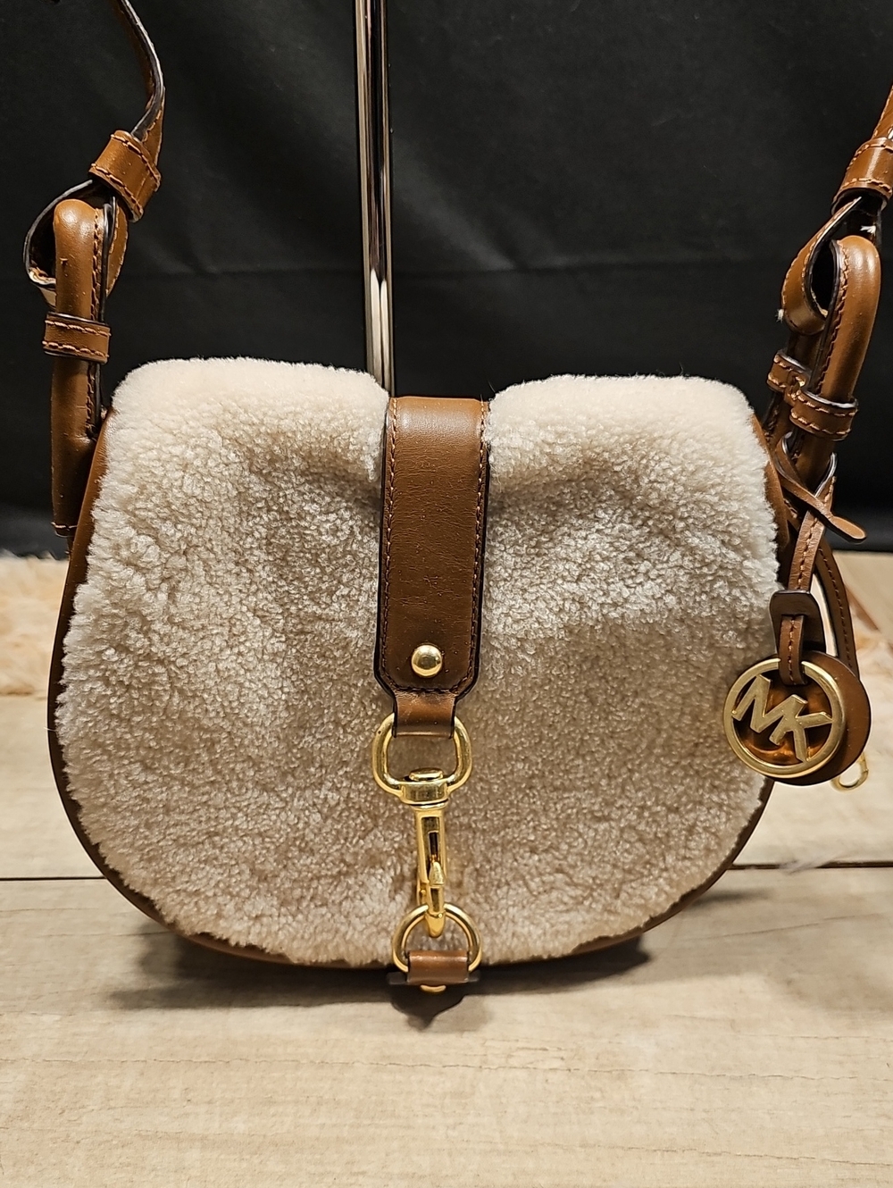 Michael Kors Tan Leather & Cream Shearling Saddle Crossbody